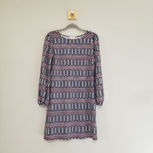 Jude Connally Patterned Long Sleeve Dress Medium Made In Usa Nylon Spandex Blue